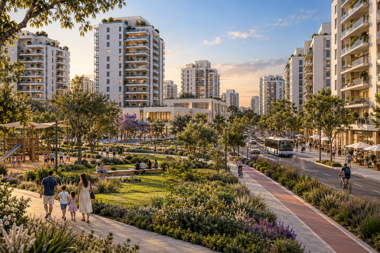 הדמיית AI של שכונה מודרנית עם בנייני מגורים, פארק, חנויות, תחבורה, בית ספר וחיי קהילה